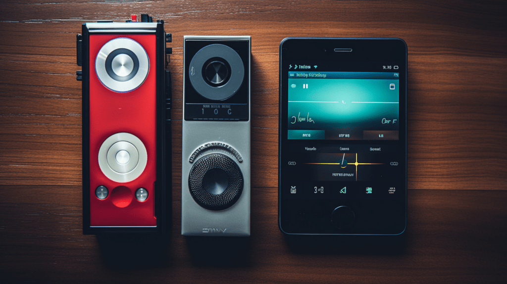 An image featuring a side-by-side comparison of a vintage MP3 player and a modern smartphone with a music streaming app. The MP3 player represents the early days of MP3 technology, while the smartphone showcases the convenience of streaming in today's digital age. This image illustrates the evolution of music consumption, from compact MP3 players to on-demand streaming, highlighting the significance of MP3 compression in shaping the music industry.