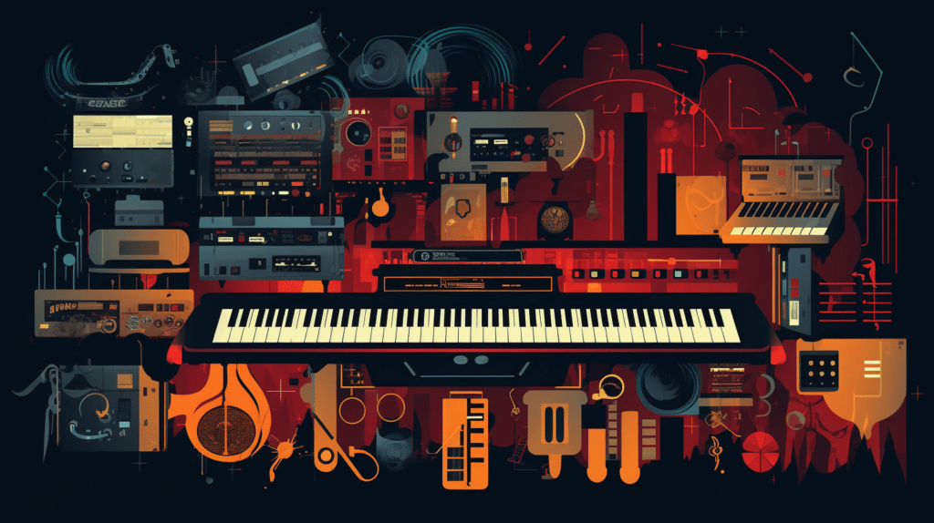 An image featuring a stylized collage of key music production terms and icons, forming a visual representation of the diverse vocabulary in music production. This image conveys the complexity and richness of the music production world while emphasizing the importance of understanding these terms for aspiring producers.