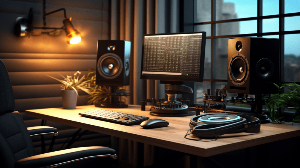 image featuring a cozy home studio setup with a microphone, audio interface, headphones, and a computer. Soft lighting enhances the room's ambiance, creating an inviting atmosphere for music production. This image symbolizes the creative possibilities of home recording, emphasizing the importance of choosing the right equipment and techniques for high-quality music production.